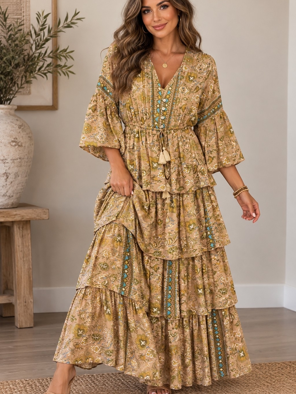 Bohemian Tiered Maxi Dress in Mustard Floral